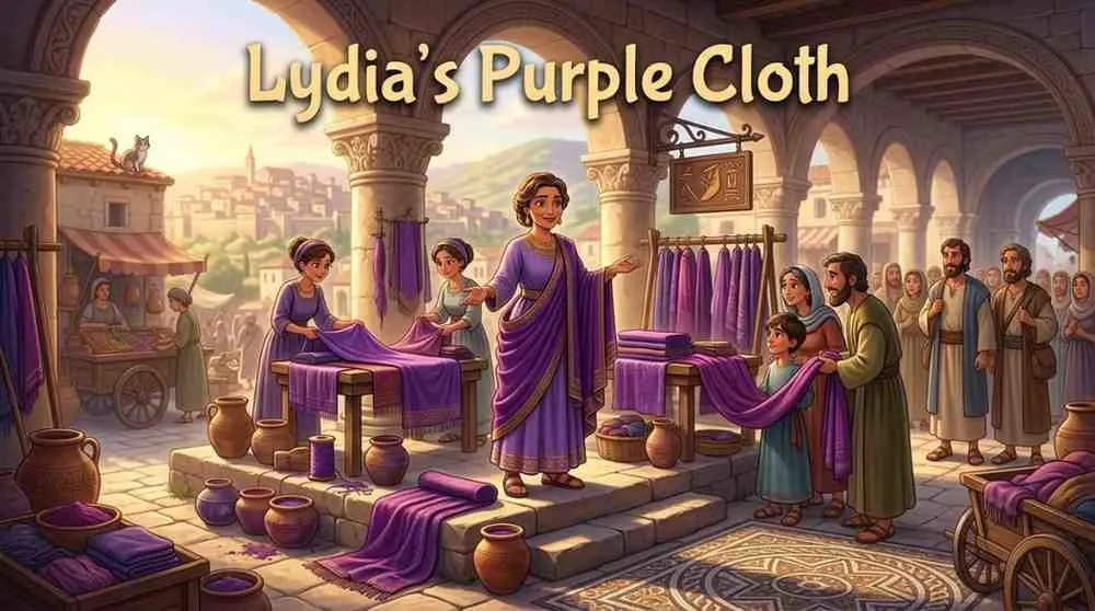 3D Pixar-style digital illustration of a kind woman named Lydia in a purple headscarf and robe, holding beautiful folded purple fabrics in a bustling marketplace