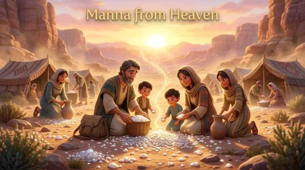 3D Pixar-style digital illustration of an elderly leader named Moses with a long white beard and brown robes, standing in a desert with groups of smiling children and families