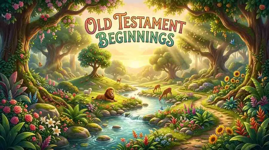 3D Pixar-style digital illustration of a lush garden of Eden with vibrant green plants, glowing warm sunlight streaming through ancient trees, and a gentle flowing river.