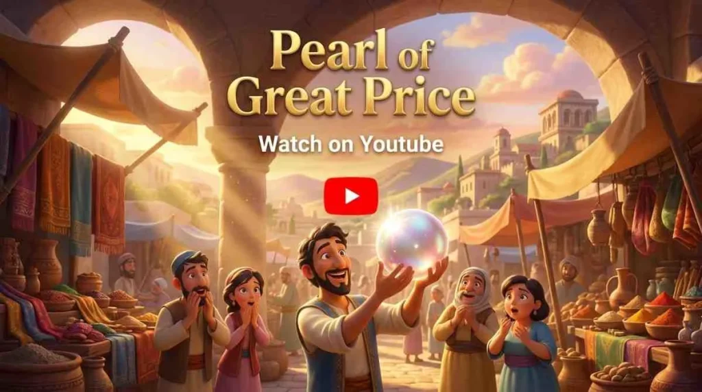 Pearl of Great Price – Animated Bible Adventure 3D animation banner showing a merchant finding the valuable pearl of great price with a YouTube play button.
