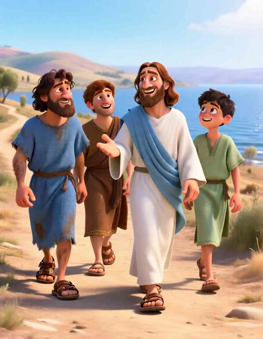 Peter, Andrew, James, and John walking joyfully along the sandy beach with Jesus, leaving their fishing boats behind.