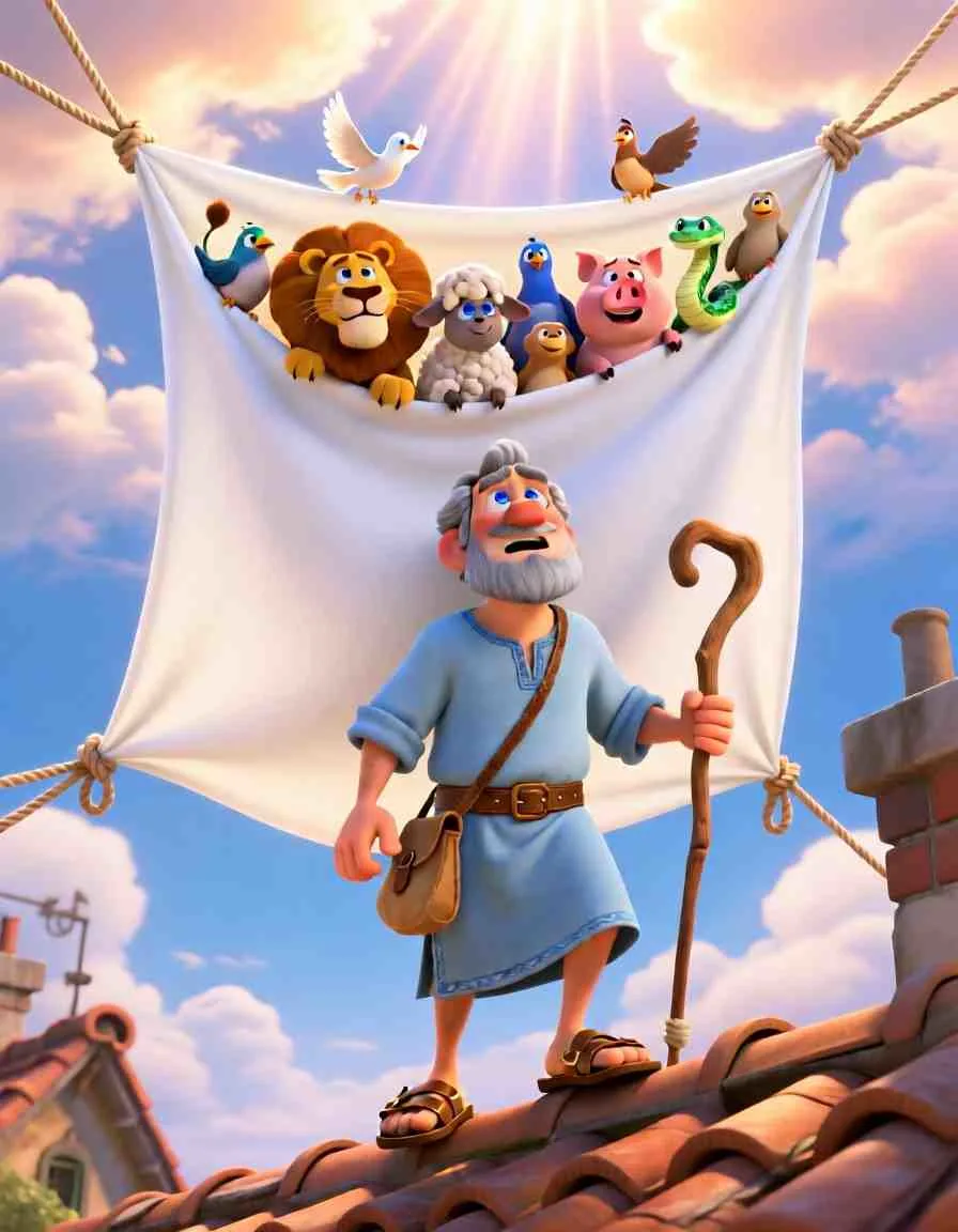 Illustration of Peter watching a giant white sheet filled with animals float down from heaven onto a rooftop in Joppa.