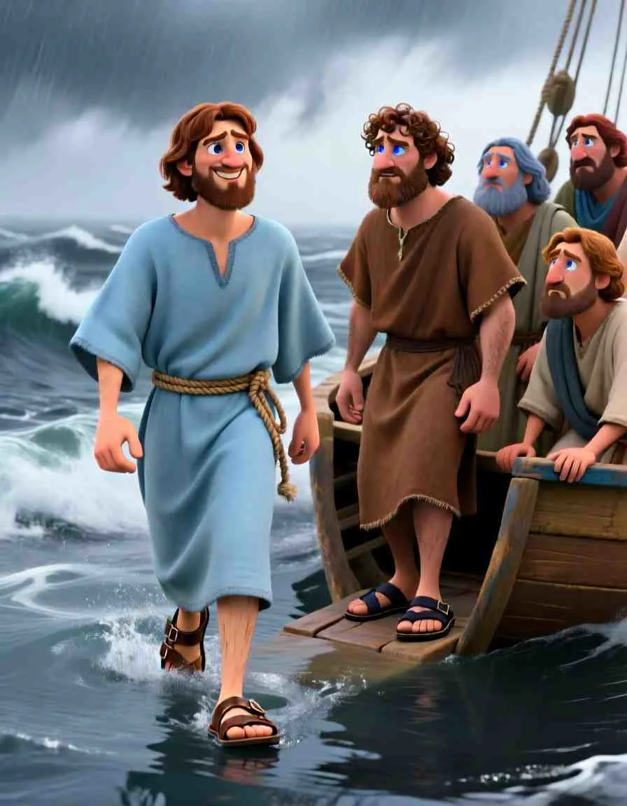 Jesus Walks on Water – Animated Bible Adventure Cinematic 3D animation still of Peter carefully stepping over the edge of the boat onto the water toward Jesus.