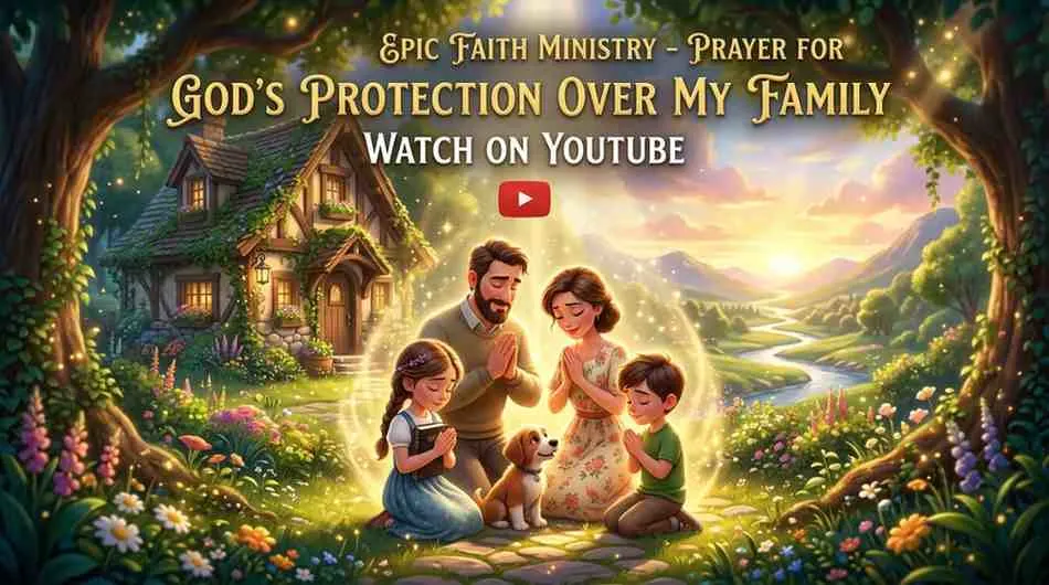 A family of four with their dog standing outside a cozy cottage, surrounded by a protective, glowing golden light shield.