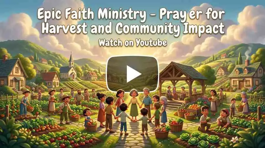 A large community group holding hands in a circle in the middle of a vibrant, thriving farmland village at sunset.