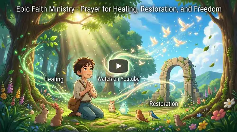 A young boy kneeling in prayer on a grassy hill as bright, divine light beams down on him next to an ancient stone archway.