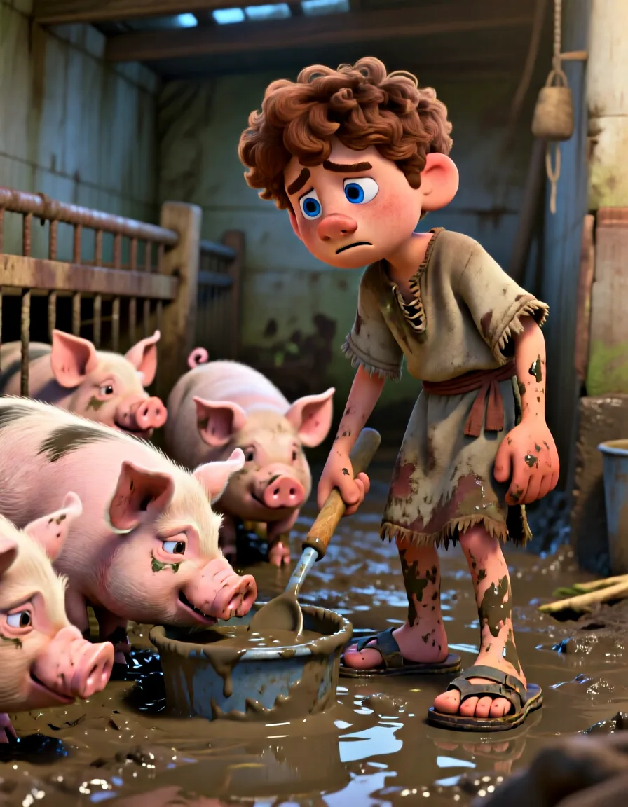 Cinematic 3D animation still of the young son learning humility while working in a farm field.
