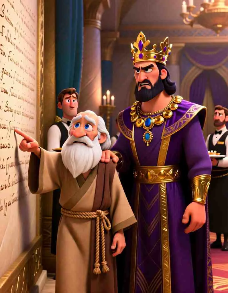 The wise prophet Daniel with a long white beard pointing at the stone wall to explain the holy message to a frightened King Belshazzar.