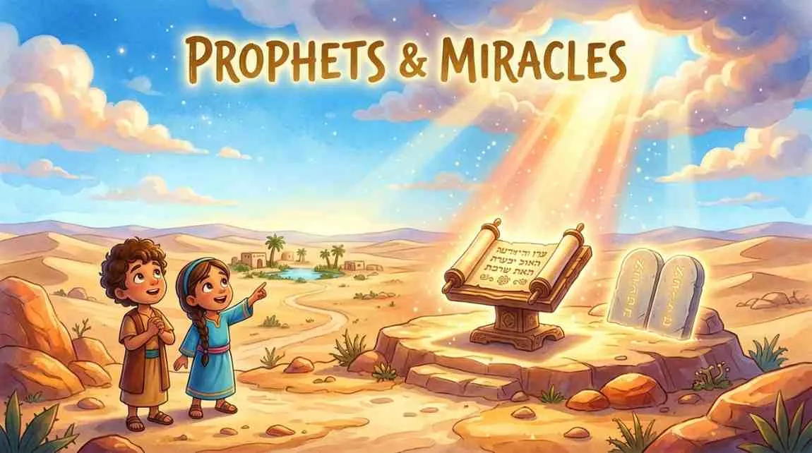 3D Pixar-style digital illustration of an open ancient desert landscape with a radiant beam of warm golden light descending from fluffy clouds onto an ancient open scroll.