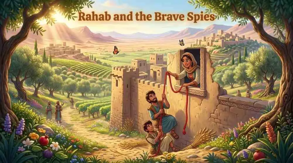 interactive 'Rahab and the Brave Spies' quiz! Learn how a red rope and a woman's brave choice protected a family in Jericho.