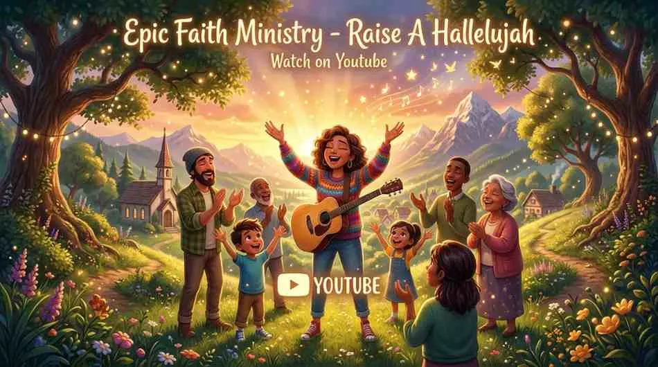 A woman singing and playing acoustic guitar surrounded by a joyful, praising community under large trees in a glowing field.