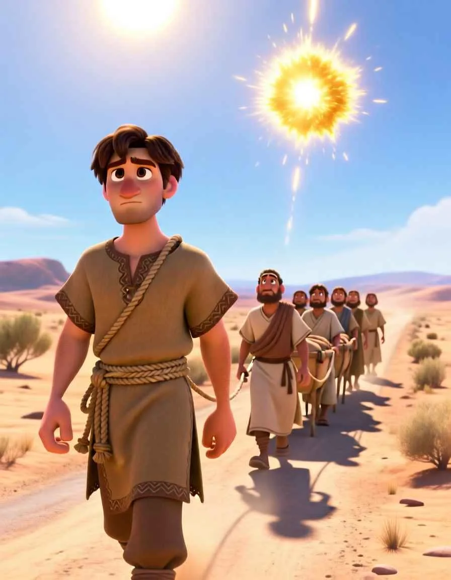 Saul and his companions walking on a hot, dusty desert road to Damascus under a bright shining sun.