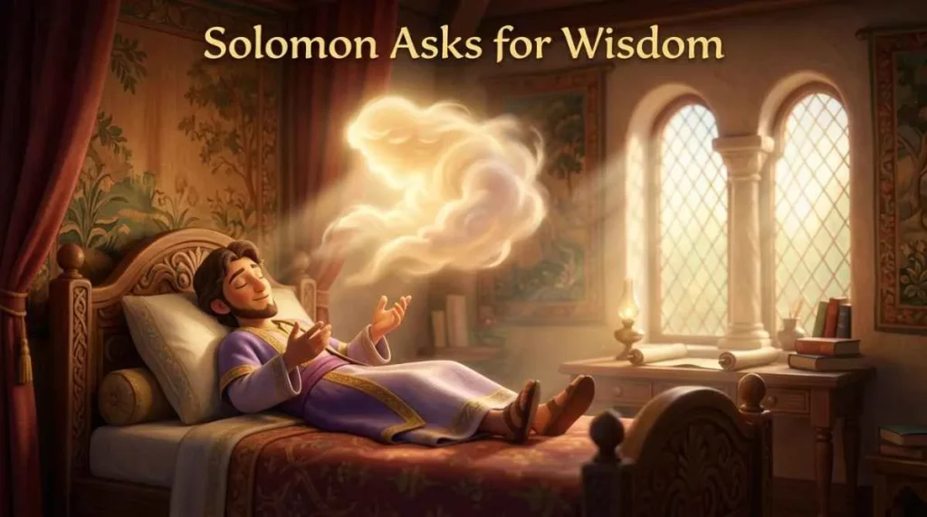 3D Pixar-style digital illustration of a young man named Solomon with short brown hair and a simple blue robe, sitting on a grand golden throne looking thoughtful