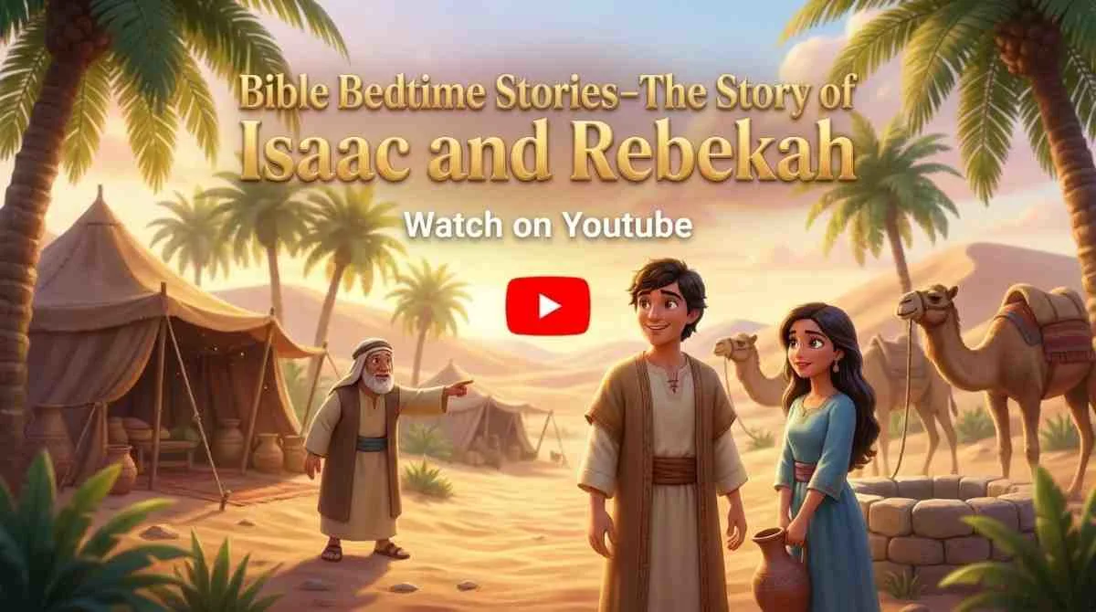 Beautiful cinematic 3D animation banner of Isaac and Rebekah meeting in a warm, peaceful desert landscape with a YouTube play button.