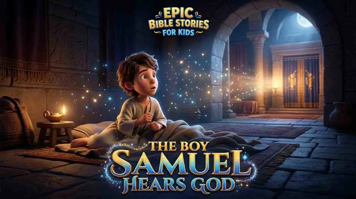 3D Pixar-style illustration of young Samuel sitting up in bed inside a stone temple, looking in awe at a magical, glowing light calling to him in the dark.