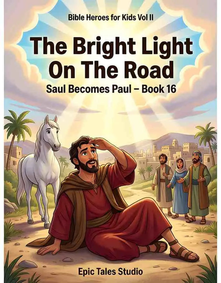 Front cover of Bible Heroes for Kids Book 16, The Bright Light on the Road, showing Saul looking up at a divine golden light next to a white horse.