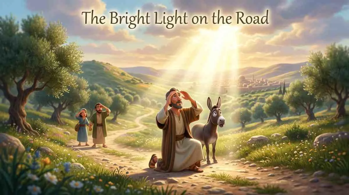 3D Pixar-style digital illustration of a man named Saul looking up in awe as a bright beam of golden light shines down from heaven onto a dusty road