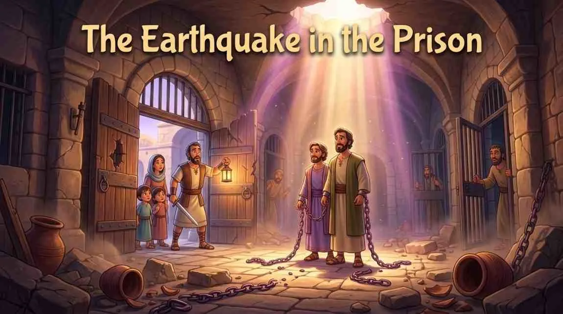 3D Pixar-style digital illustration of Paul and Silas sitting in a dark prison cell with chains on their feet, glowing with an inner light of faith