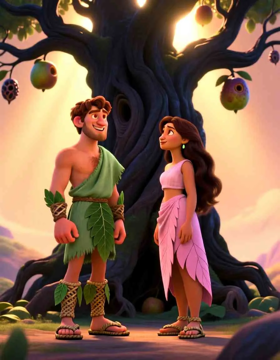 Adam and Eve in the Garden of Eden – Animated Bible Adventure Cinematic 3D animation still of Adam and Eve walking together through the lush green paradise.