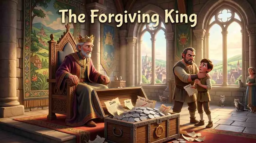 3D Pixar-style digital illustration of a wise king wearing a crown and a purple robe, sitting on a throne and gesturing with his hand while speaking to a humble, sad man