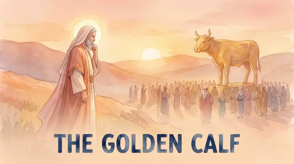 3D Pixar-style digital illustration of Moses holding a wooden staff, standing at the base of a desert hill with a crowd of people looking up