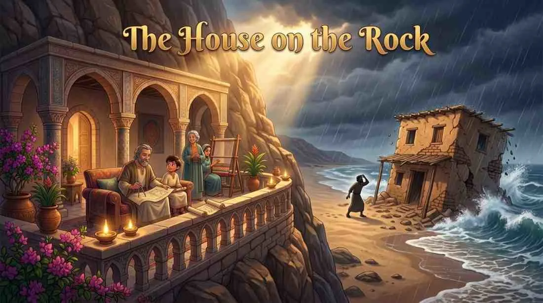 3D Pixar-style digital illustration of a wise man in blue work clothes standing confidently near his sturdy house built high on a solid gray rock