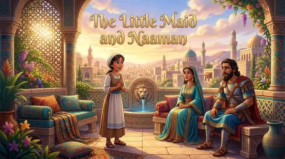 3D Pixar-style digital illustration of a young, gentle girl with dark hair and a light blue robe standing by a sunlit window, praying with her hands together