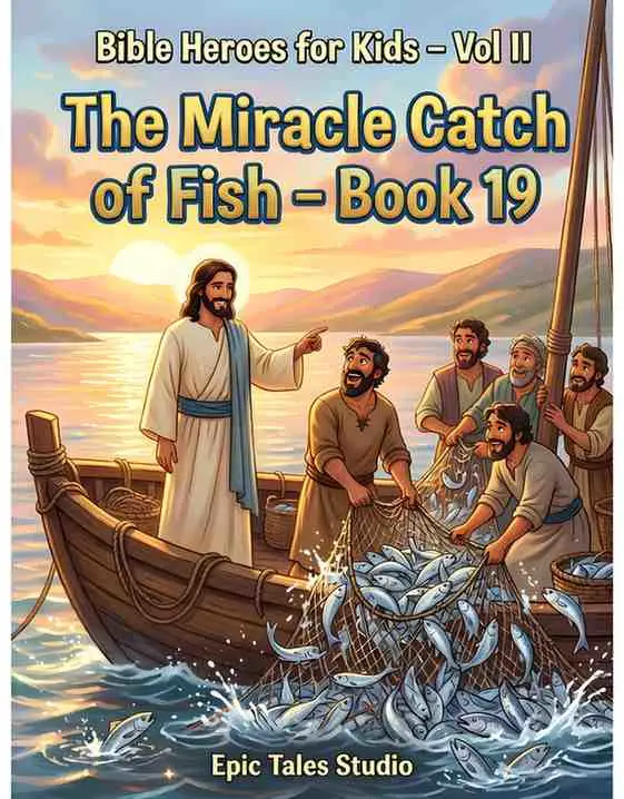 Front cover of Bible Heroes for Kids Book 19, The Miracle Catch of Fish, showing Jesus pointing from a wooden boat toward a net overflowing with fish.