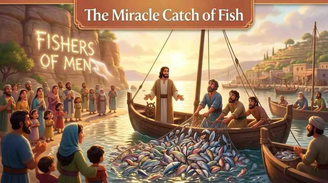 3D Pixar-style digital illustration of Simon Peter and Andrew in a wooden fishing boat, pulling in heavy nets overflowing with hundreds of shimmering, wiggling fish