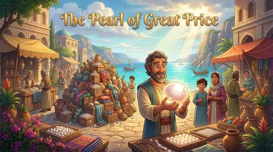 3D Pixar-style digital illustration of a joyful merchant in blue robes standing in a sunny marketplace, holding a glowing, perfectly round pearl in his hand