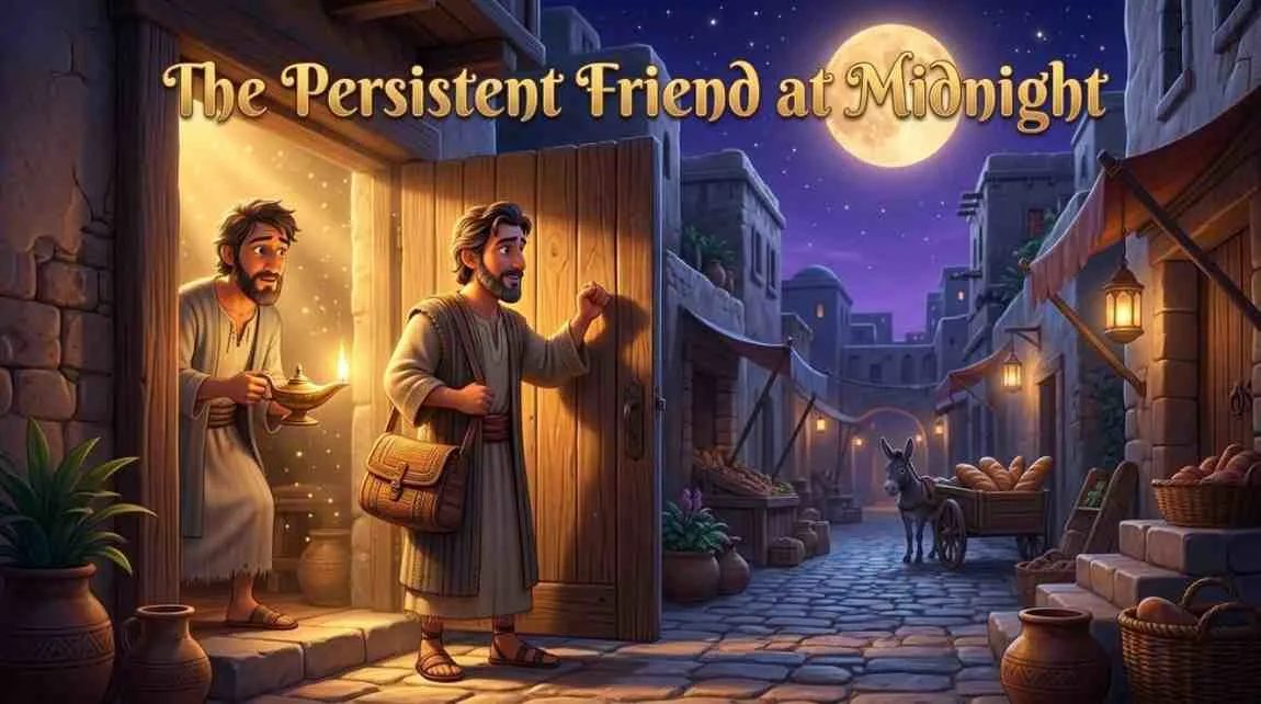 3D Pixar-style digital illustration of a man with curly hair and a beige tunic knocking on a wooden door in a quiet, moonlit village at midnight