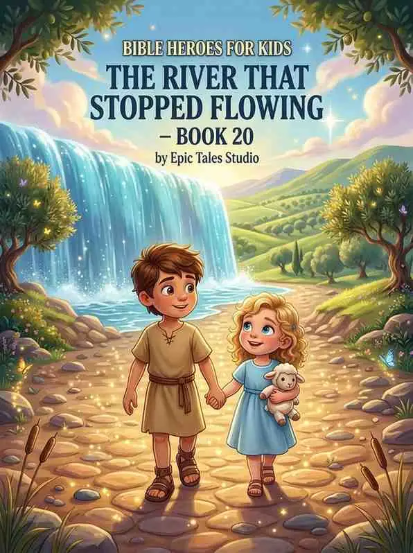 Stepping Into the Impossible: Introducing ‘The River That Stopped Flowing’ 3D animated illustration of a young boy and girl holding hands on a dry stone path next to a parted, flooded waterfall under a blue sky.