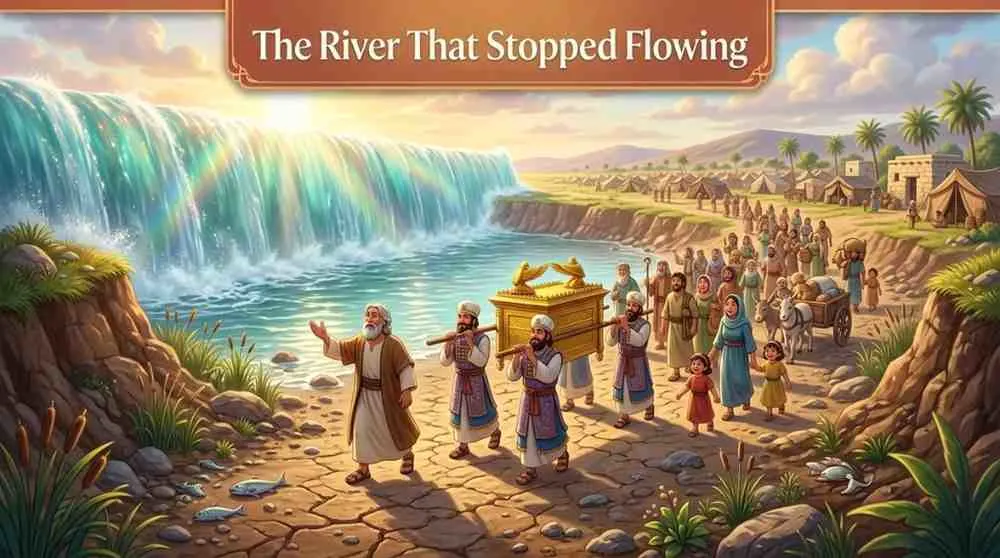 3D Pixar-style digital illustration of Joshua leading thousands of people as they cross a dry riverbed, with walls of water standing still on either side