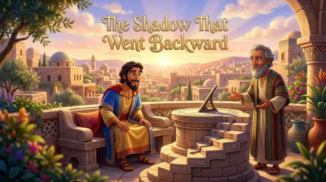 3D Pixar-style digital illustration of King Hezekiah wearing a simple crown and a blue robe standing next to a prophet with a gray beard in a sunny courtyard looking at a stone sundial clock