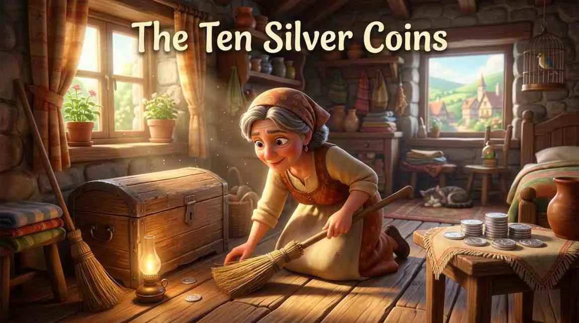 3D Pixar-style digital illustration of a cheerful woman with a blue headscarf sweeping her home, holding a sparkling silver coin in her hand