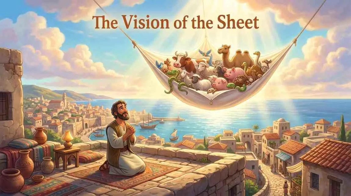 3D Pixar-style digital illustration of Peter, an old man with a beard and walking staff, standing on a rooftop in Joppa looking up at a large white sheet floating down from the sky containing various animals