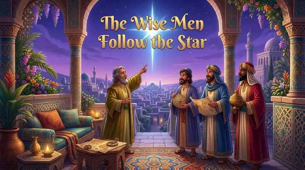 3D Pixar-style digital illustration of three wise men looking up at a brilliant, glowing star in the dark night sky while holding ancient scrolls