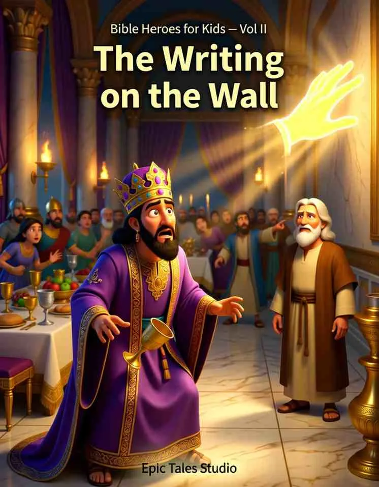 Front cover of Bible Heroes for Kids Book 18, The Writing on the Wall, showing King Belshazzar recoiling in fear as a glowing hand writes a message on the palace wall next to a wise prophet.