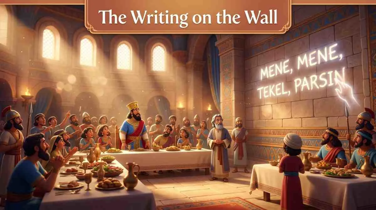 3D Pixar-style digital illustration of Daniel, an elderly wise man with a white beard, pointing at mysterious glowing words appearing on a palace wall while a king watches in fear