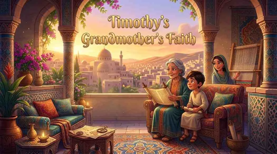 3D Pixar-style digital illustration of a young boy named Timothy sitting on a wooden bench inside a cozy home, listening intently to his kind grandmother, Lois, who holds an open scroll