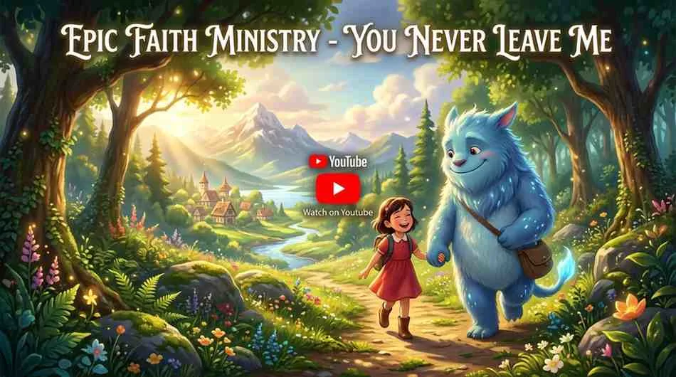 A little girl holding hands with a giant, friendly, glowing blue creature as they walk together along a sunlit forest path.